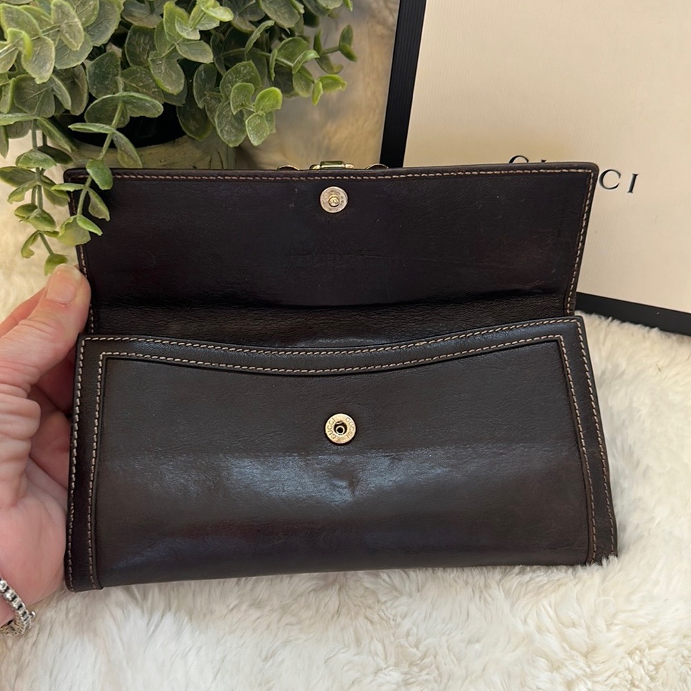 GUCCI Brown leather gold bow long snap wallet Authentic Vintage Clean/Pristine
